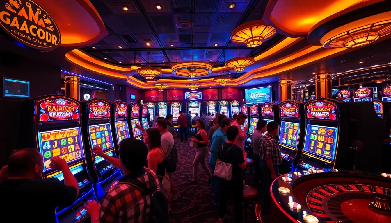 Experience the thrill of RAJAGACOR slots with colorful reels and enthusiastic gamblers at a luxurious casino.