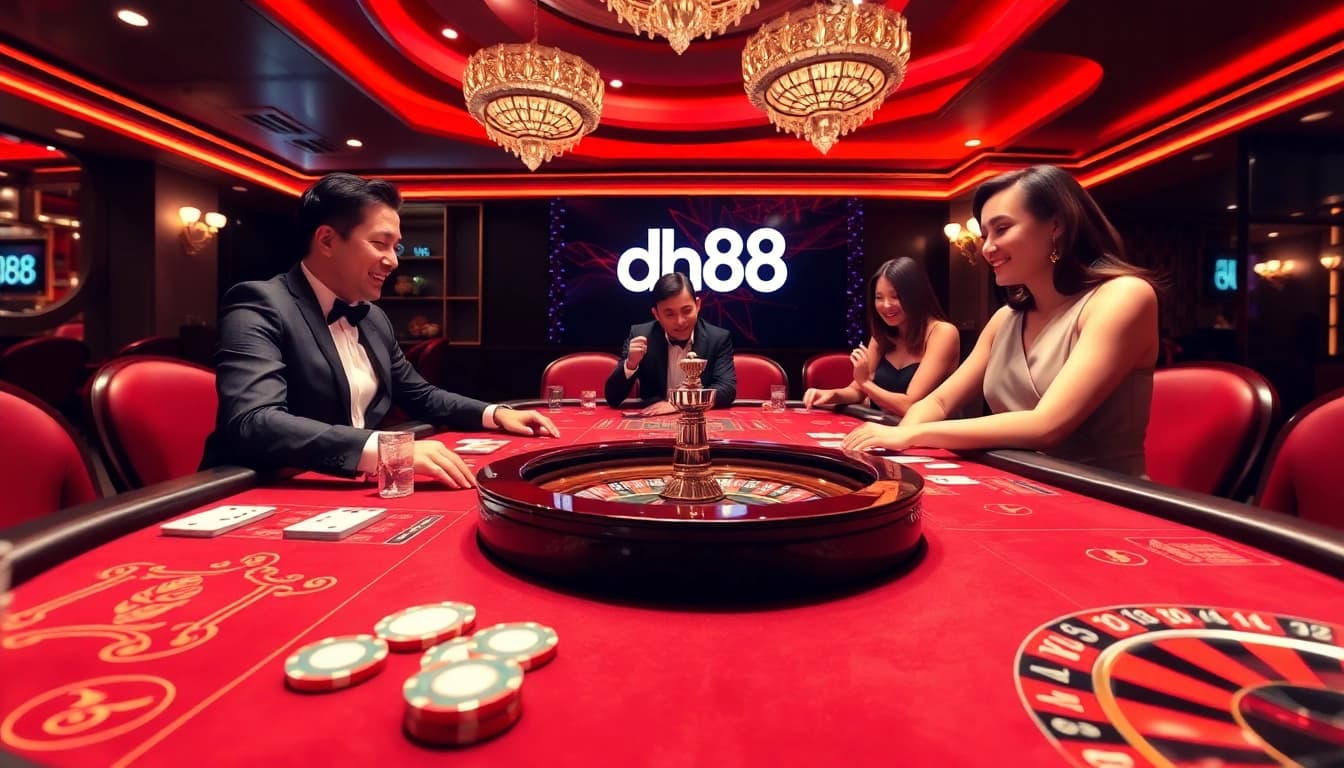 Experience a thrilling moment at the dh88 casino table, showcasing elite gamblers strategizing over poker chips and cards.