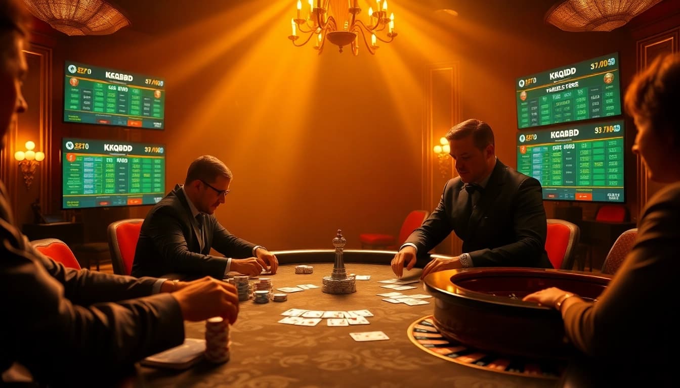 Gambling excitement with KQBD betting scores displayed at a luxury poker table.