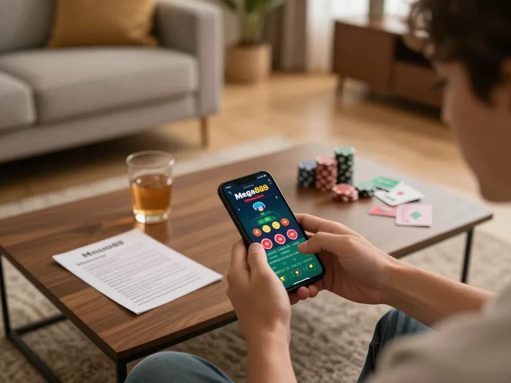 Engage in thrilling gameplay while you download mega888 apk on your smartphone in a cozy home setting