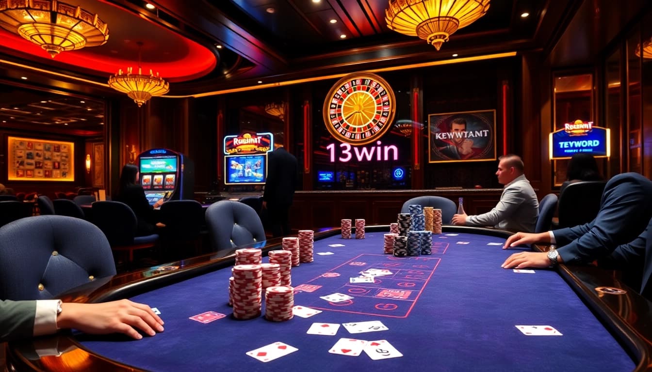 Experience the thrill of 13win casino with engaged players at a poker table.