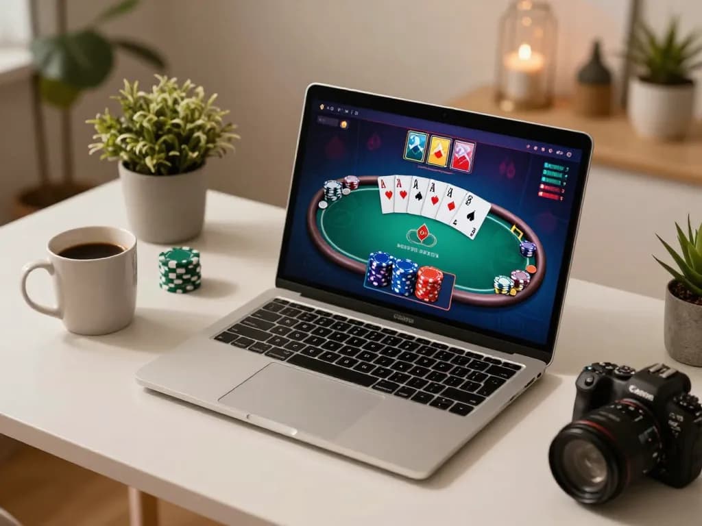 Engaging scene of online poker at nhà cái 8xbet with laptop displaying game interface and cozy atmosphere.