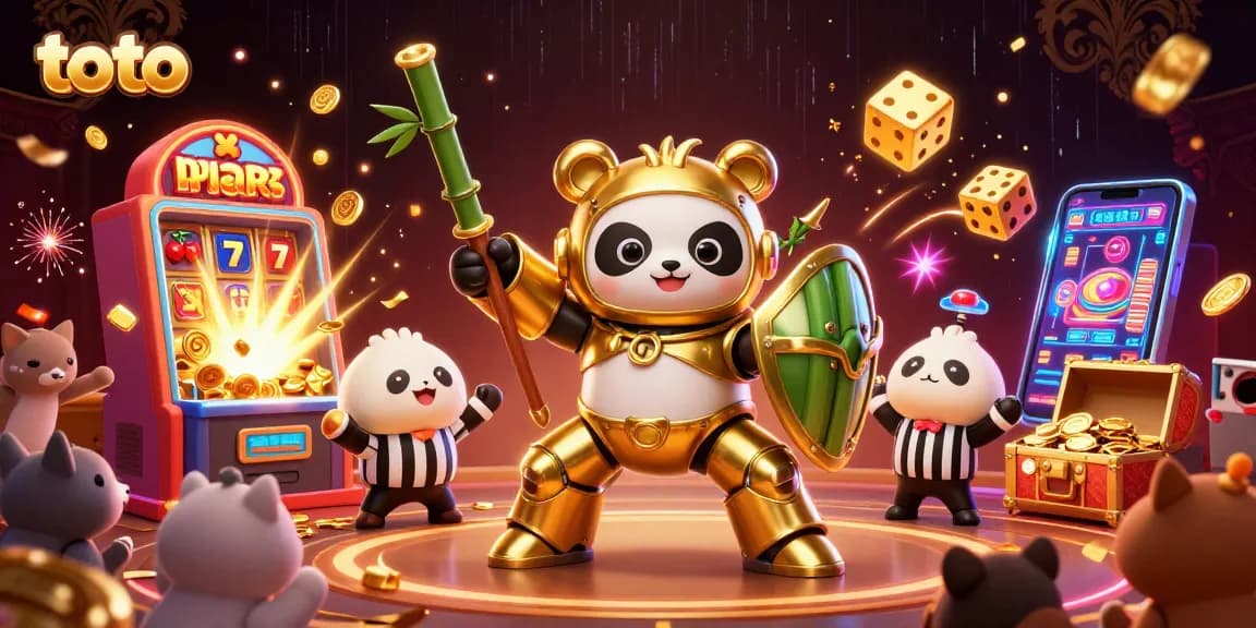 Engage with toto's dynamic gambling scene featuring a panda robot, jackpot explosions, and vibrant casino elements.