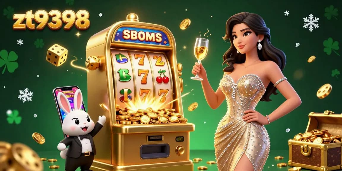 Experience the excitement of zt9398 with a vibrant scene of a woman toasting beside a jackpot slot machine.