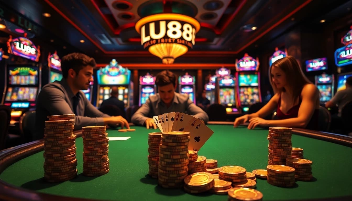 Players at a LU 88 poker table eagerly competing for winnings amid glamorous casino ambiance.