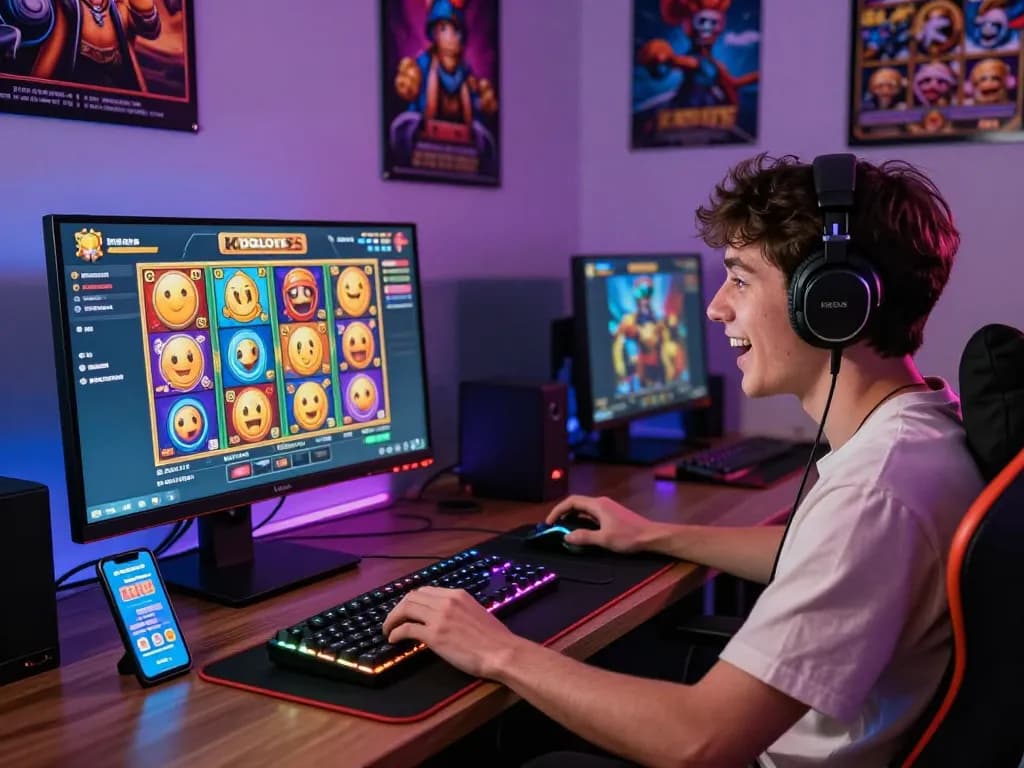 Player enjoying a kdslot game on the KDSLOTS platform, immersed in online gaming with vibrant graphics and cozy atmosphere.