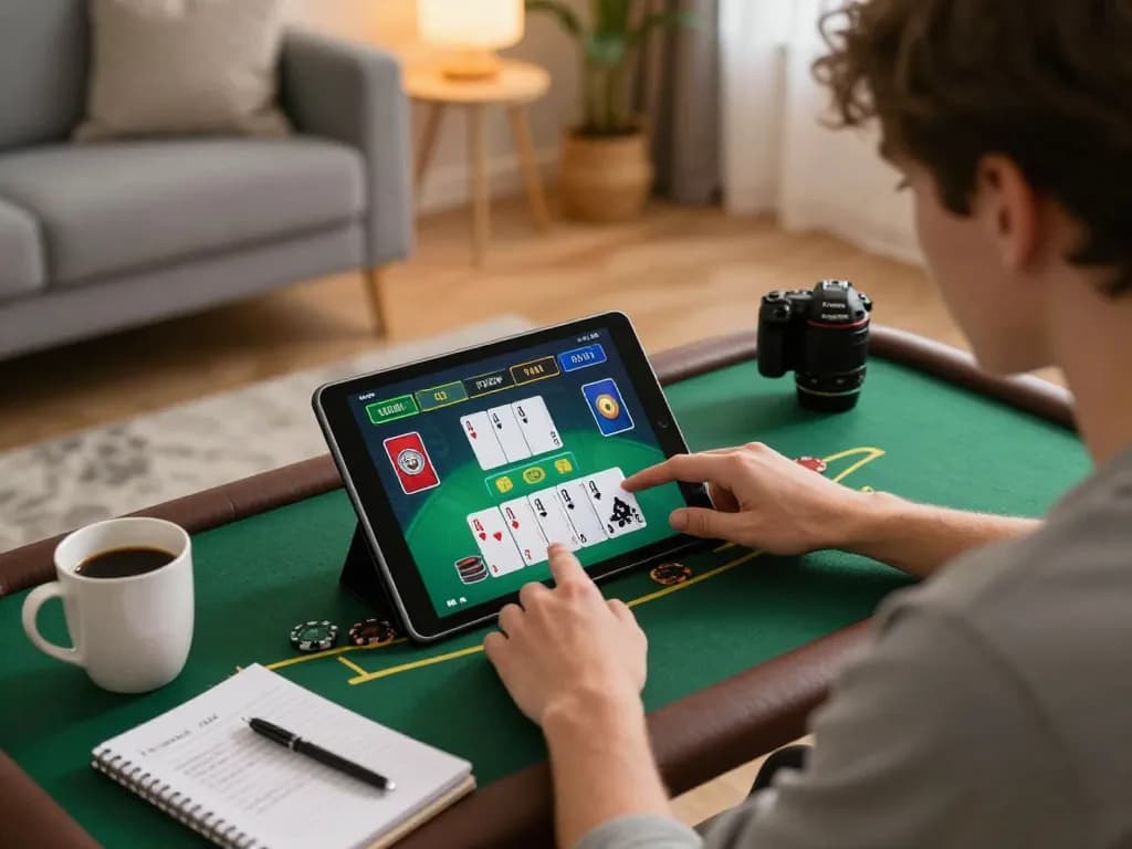 MMOO player engaging with live dealer blackjack at home, showcasing cozy environment and strategic notes.