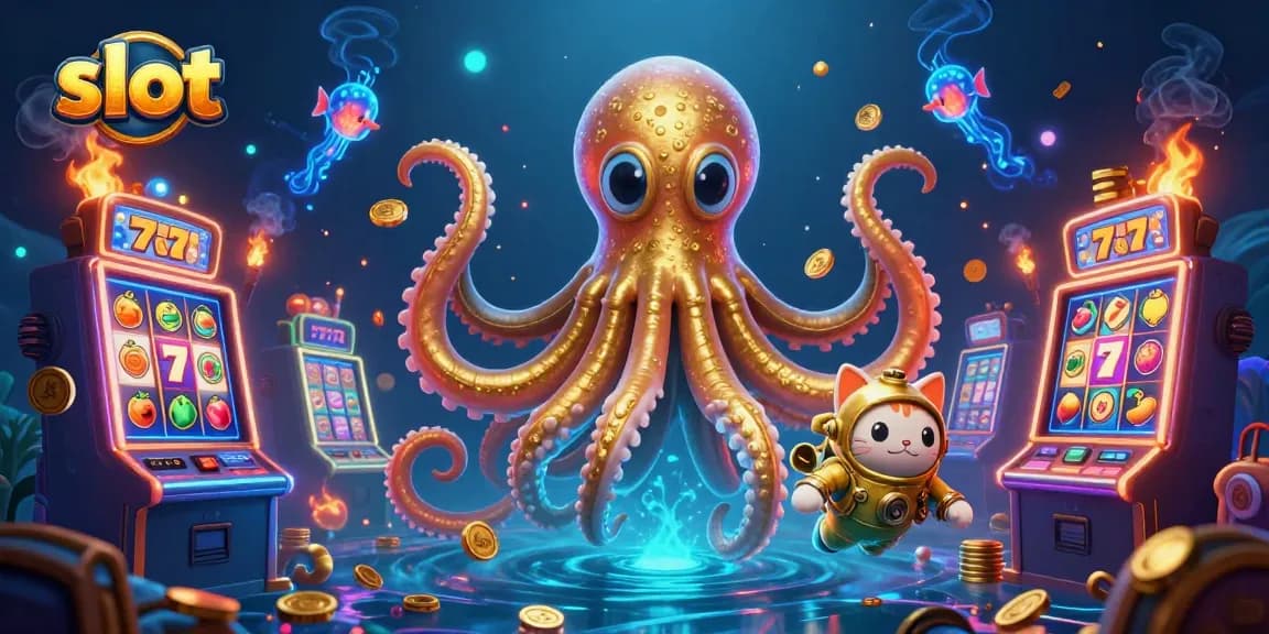 Permainan slot seru dengan simbol keberuntungan, kraken emas, dan ikan bercahaya di latar belakang laut