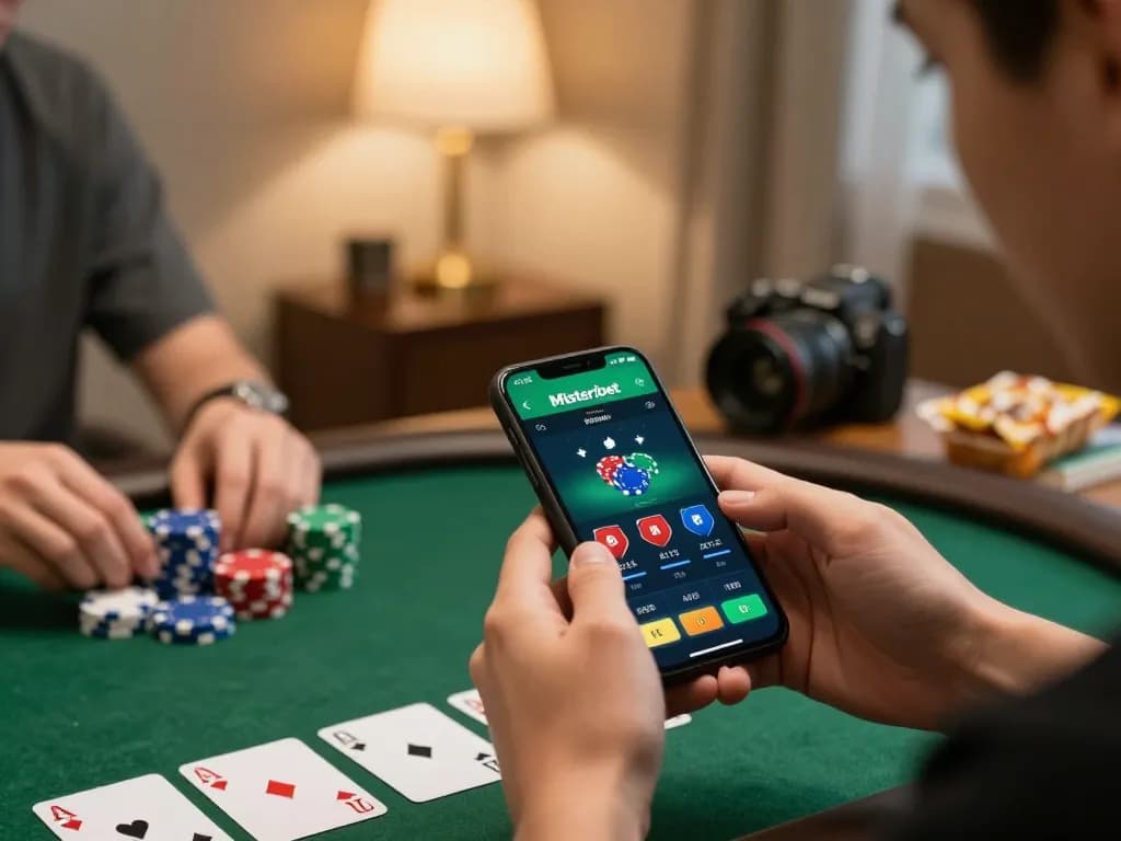 Misteribet app screenshot shows thrilling poker gameplay while strategizing at home.