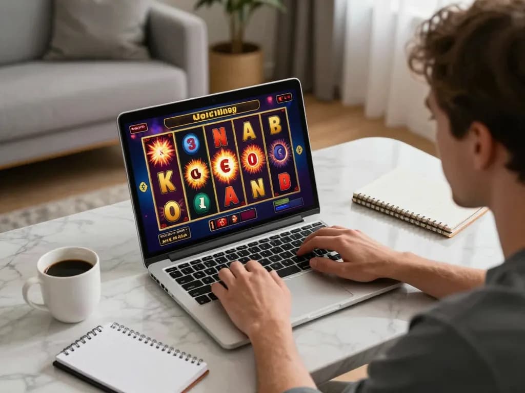 Engaging online slot game experience on laptop within a cozy living room.
