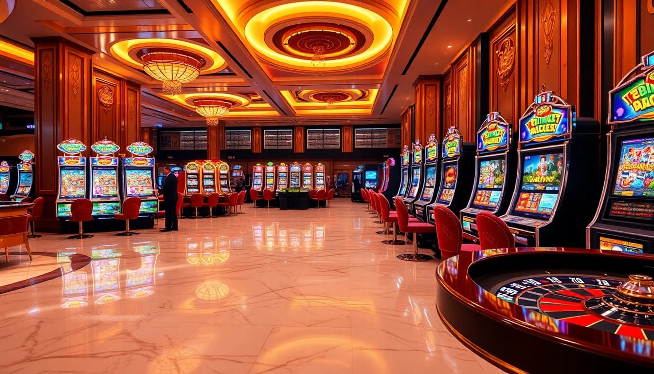 Excited players engaging with slot888 machines in a luxurious casino setting.