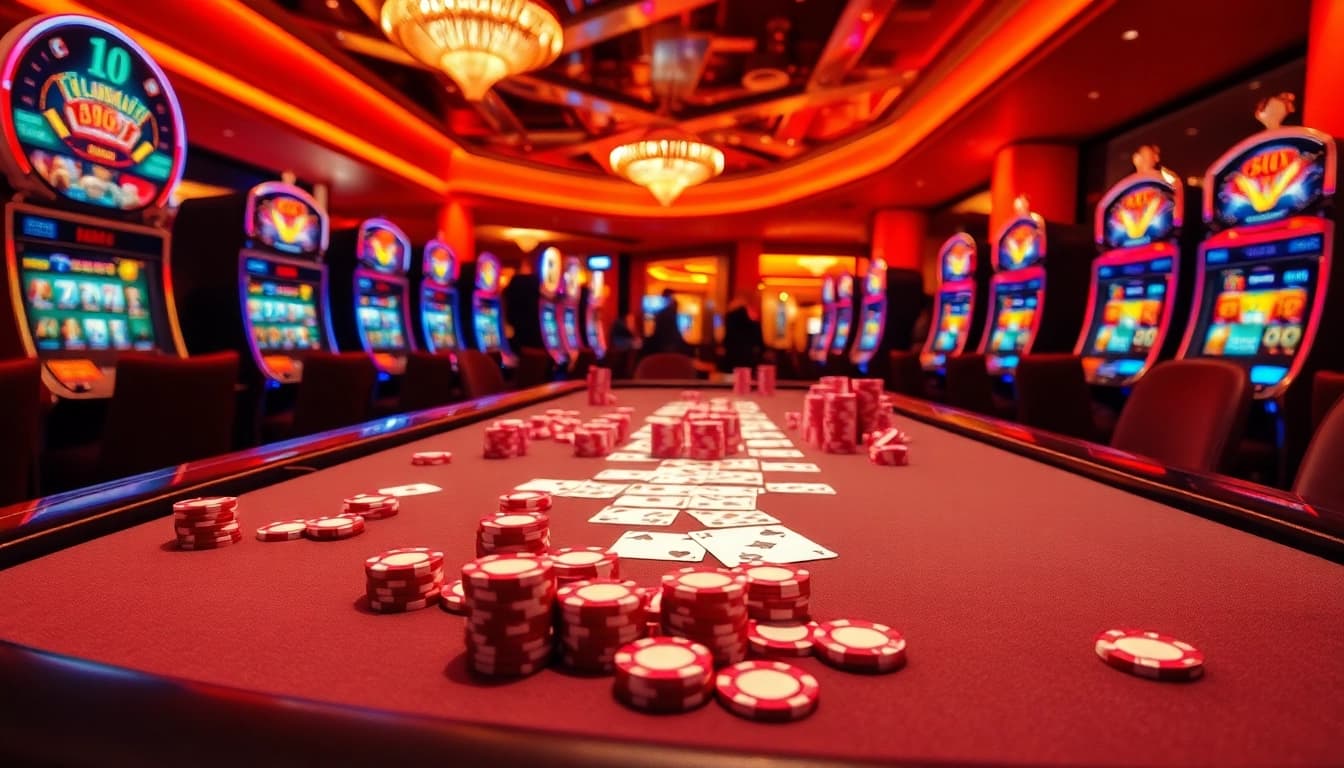 Engaging players at an idnslot table showcasing high-stakes gambling excitement.