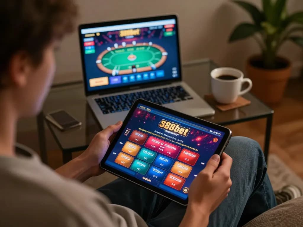 Engaged player enjoying the online casino experience on 388bet platform from a cozy home setting.