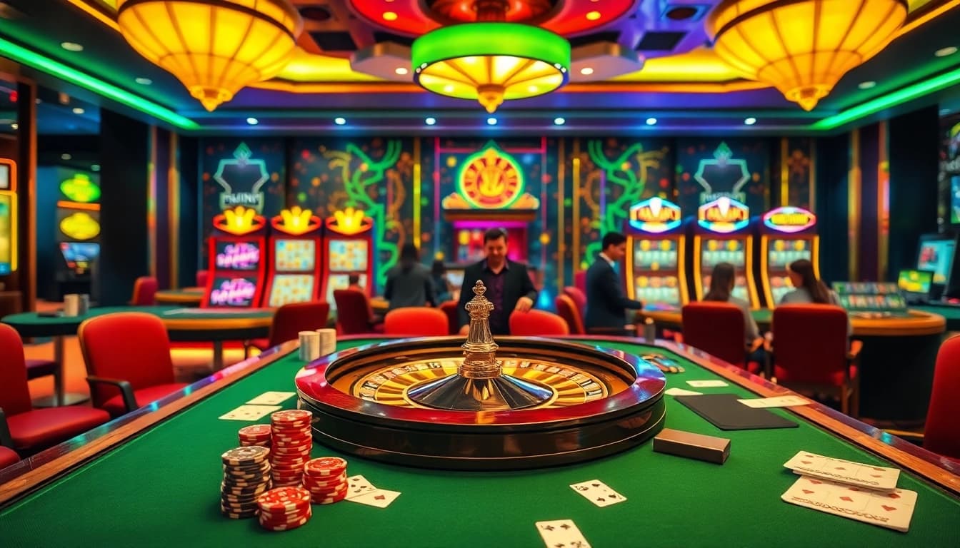Intense gambling action at a luxurious casino scene linked to https://kkwin.diy/, featuring tables and vibrant slot machines.
