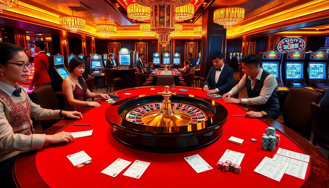 Engage in thrilling gambling action at the luxurious vz99 casino table with roulette, poker chips, and players.