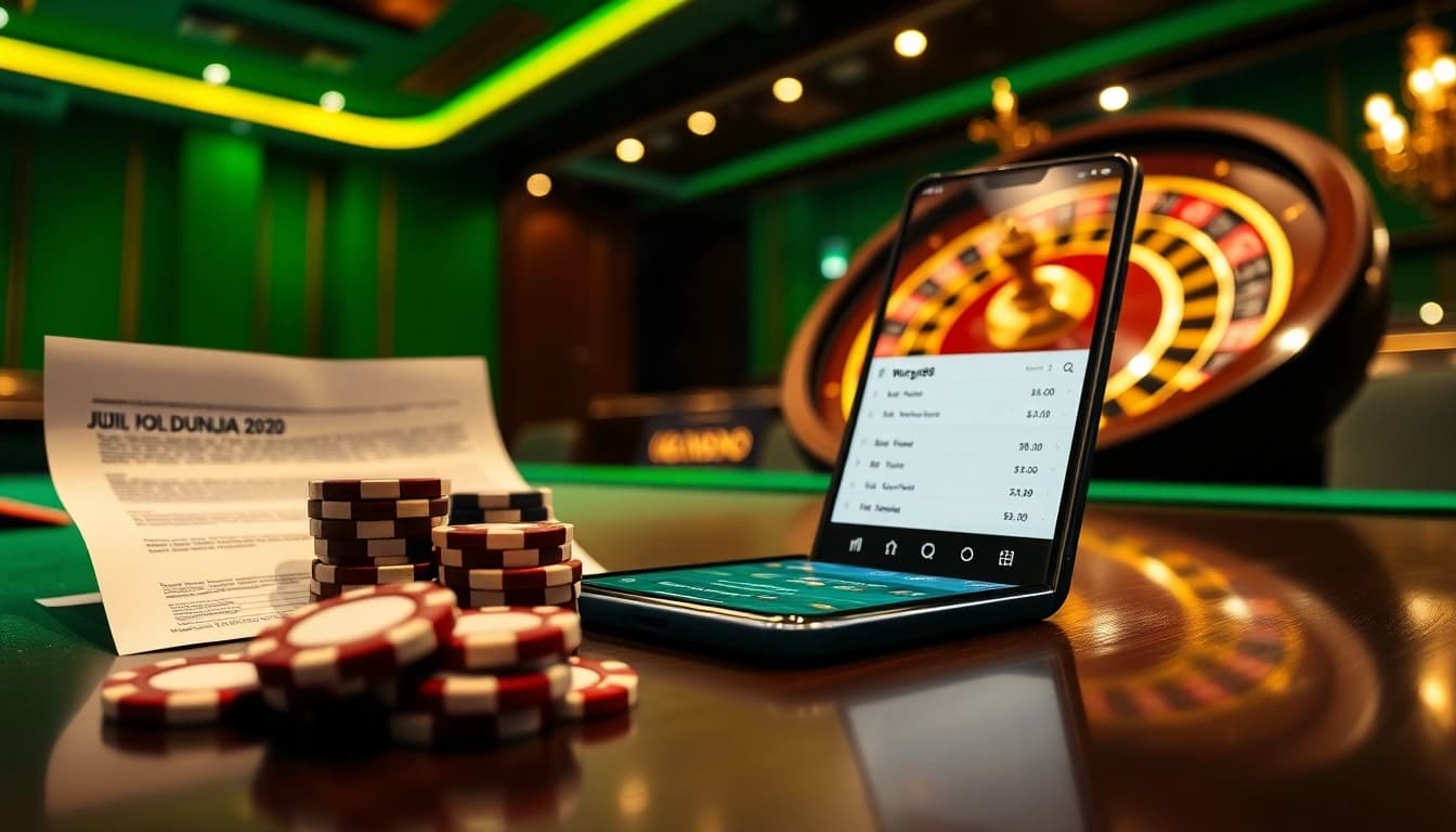 Experience the thrill of Judi Bola Piala Dunia 2030 with an exciting casino scene featuring betting slips and poker chips.