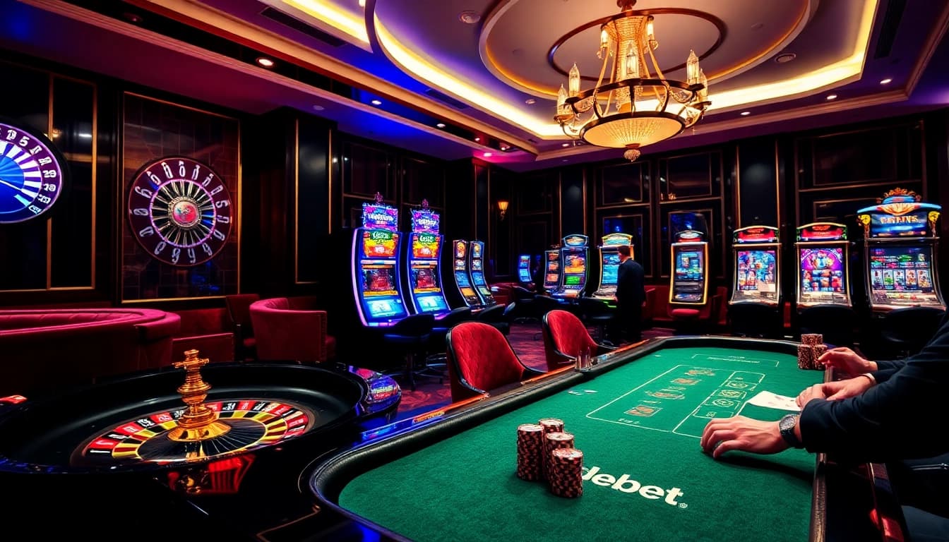 Experience an exciting gaming atmosphere with DEBET, featuring roulette and poker tables.