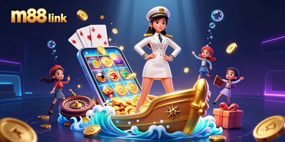 Terlibat dengan m88 link melalui ilustrasi 3D yang hidup menampilkan suasana kasino dinamis dengan kartu dan koin.