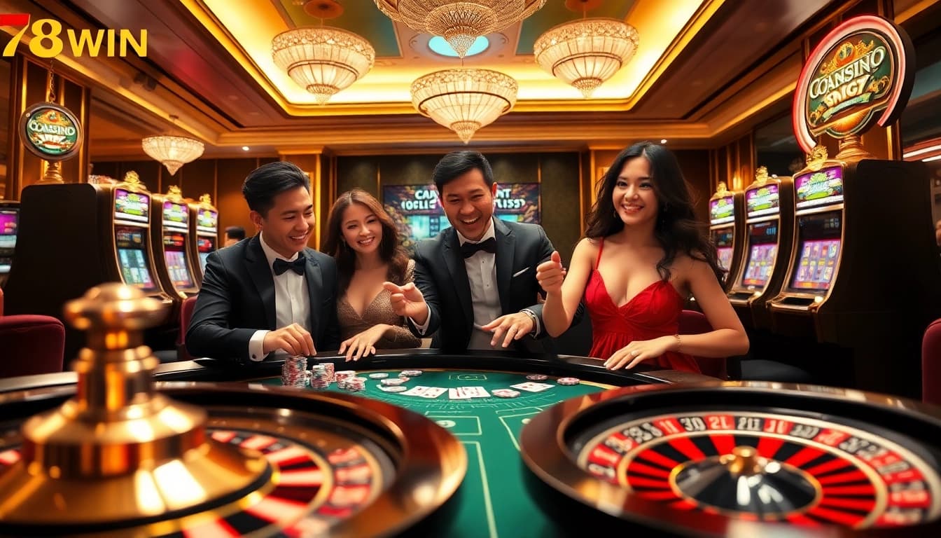 Experience the excitement of gambling at 78WIN with vibrant casino tables, poker chips, and players in action.