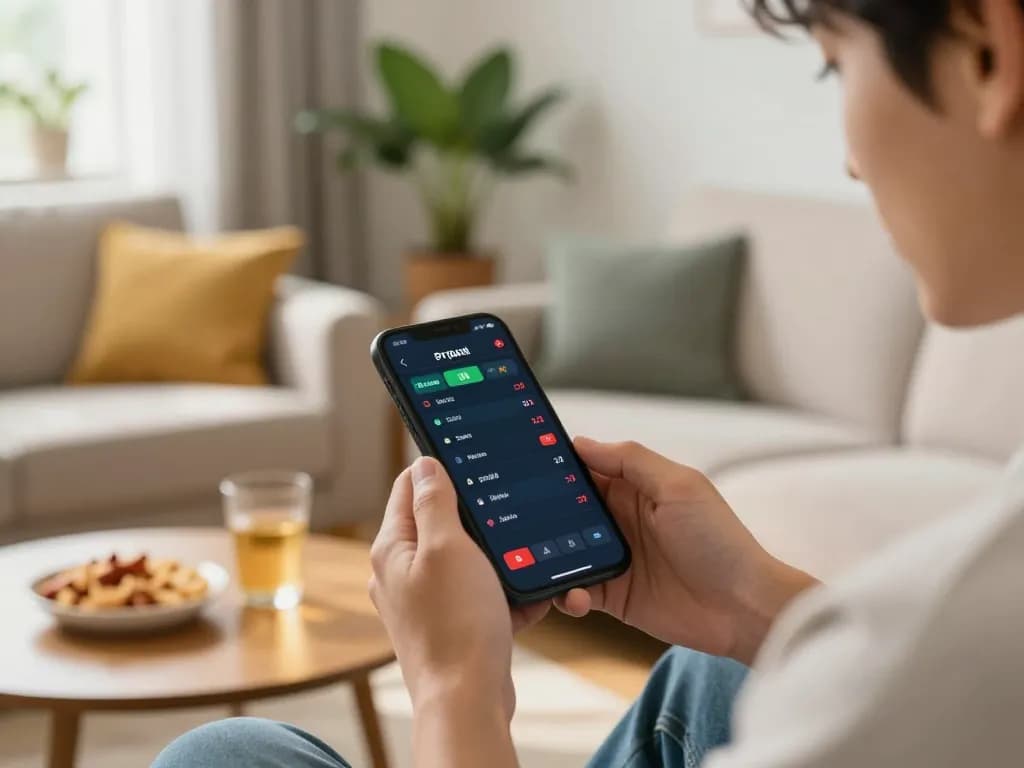 Player using uu88 mobile app for sports betting in a cozy living room