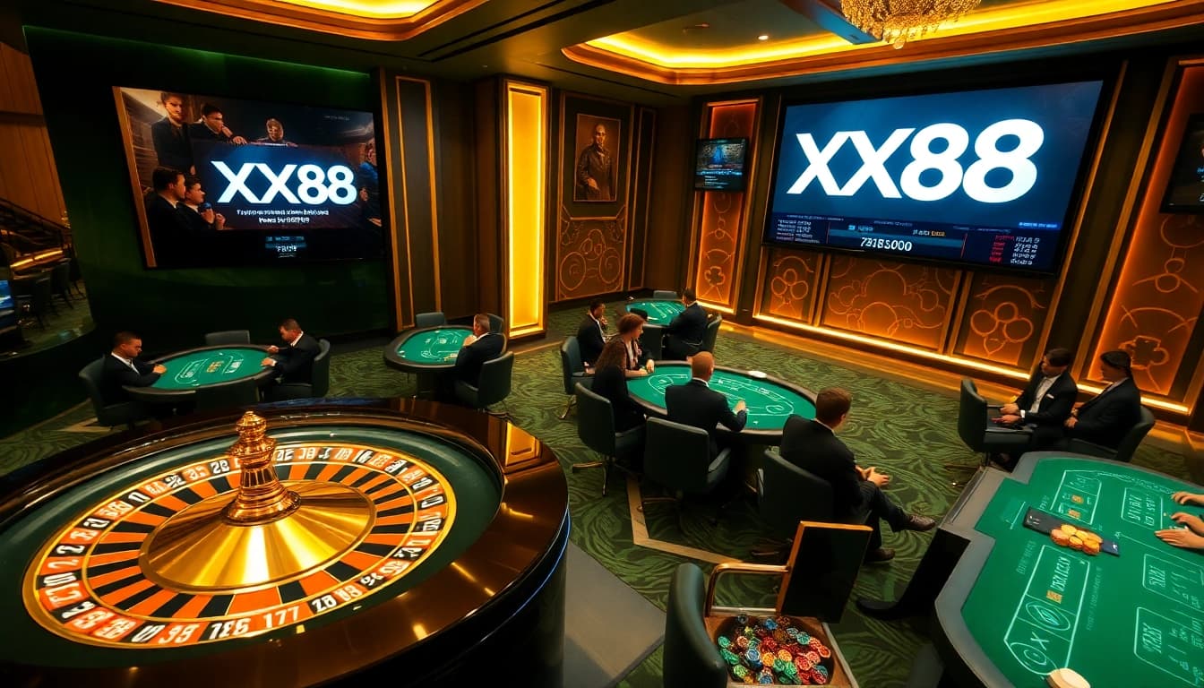 Exciting gameplay at XX88 casino with roulette, poker chips, and players enjoying high-stakes action.