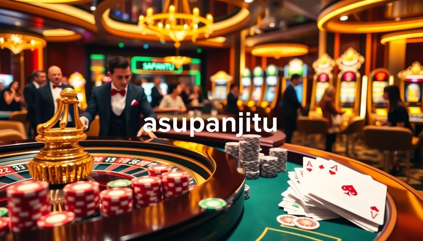 Experience the thrill of asupanjitu with vibrant casino gameplay featuring roulette, poker chips, and neon slot machines.