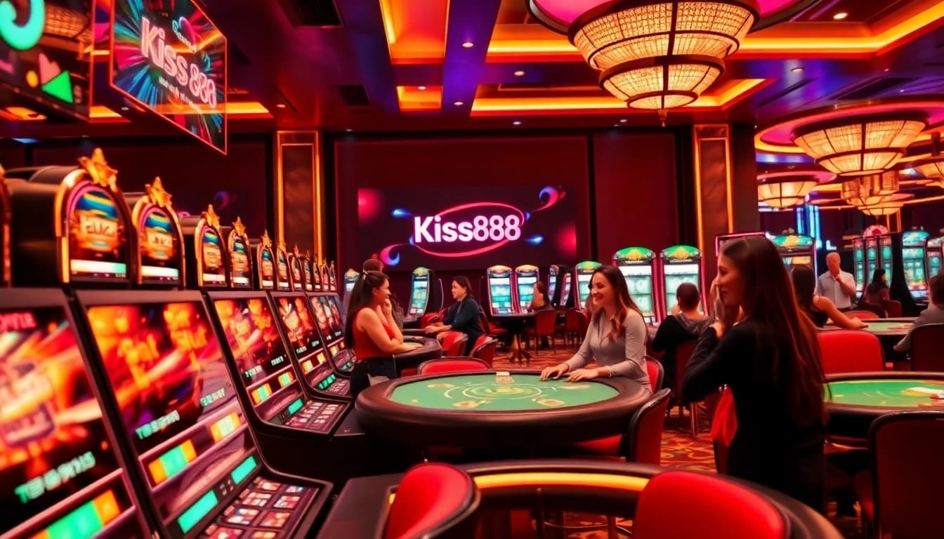 Kiss888's vibrant gaming scene featuring dynamic slot machines and excited players at poker tables.