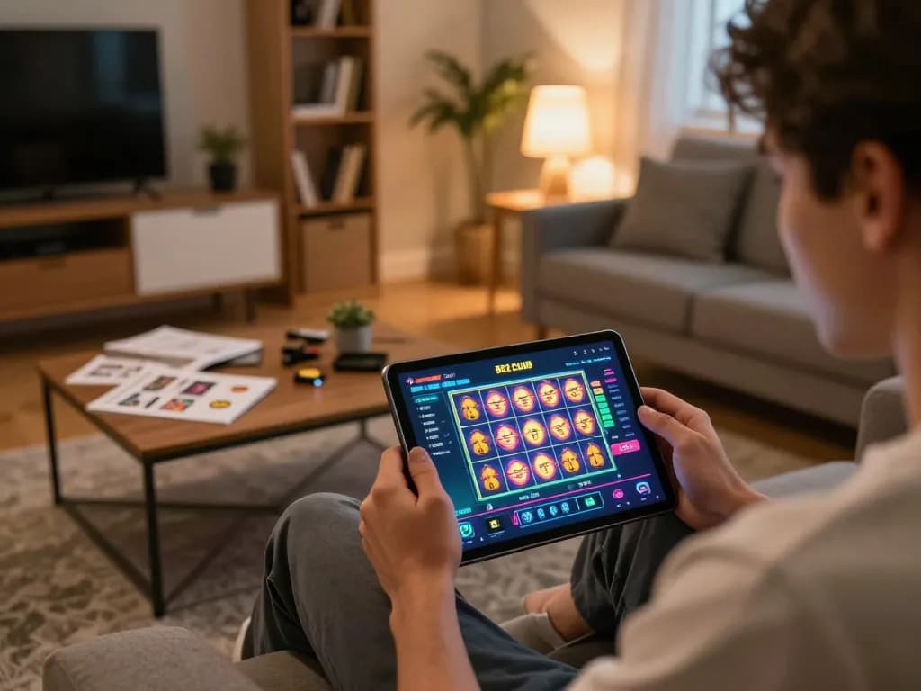 B52 CLUB player engaging with colorful slots on a tablet in a cozy living room environment