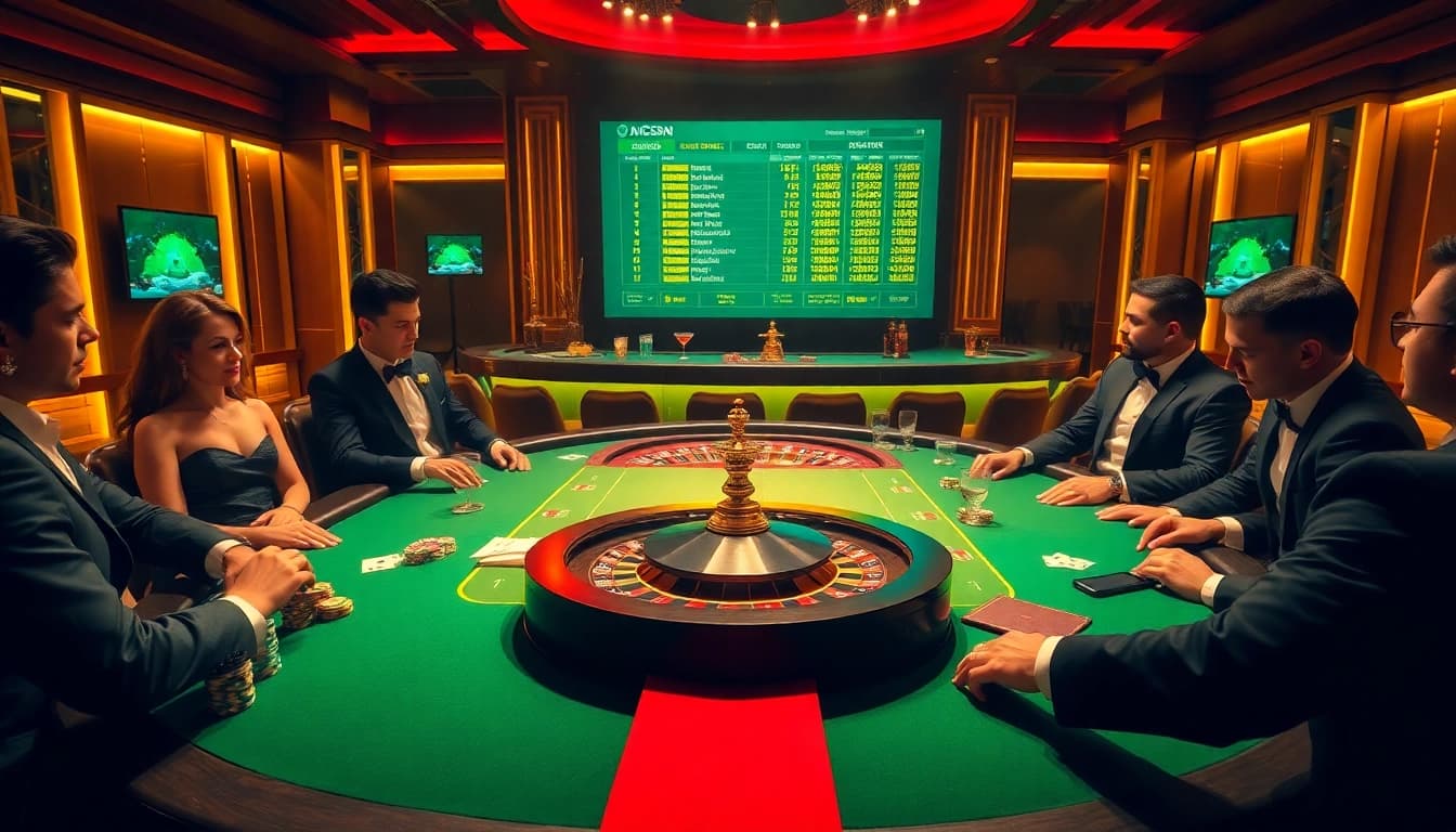 Daga poker table in a luxurious casino with vibrant chips and cards in play.