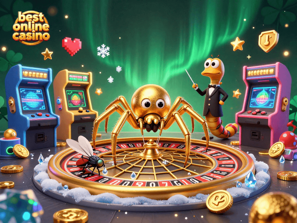 Witness the best online casino action as characters spin a golden web of gaming excitement in this 3D illustration.