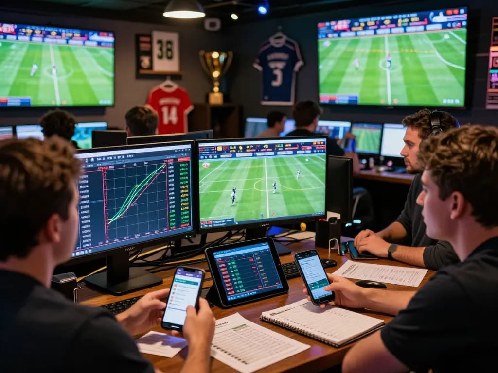 Engaged bettors reviewing kèo nhà cái in a lively sports environment, analyzing odds and match data.