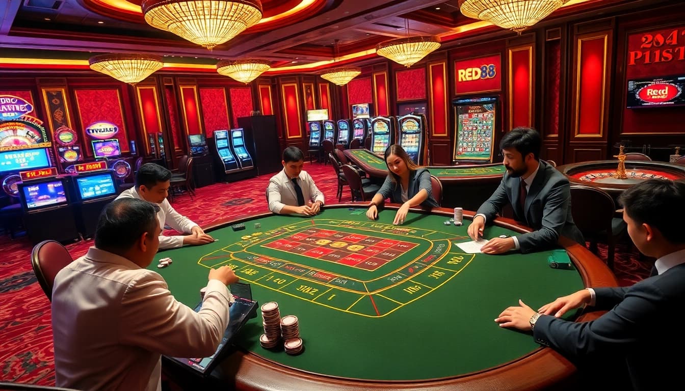 Baccarat action at nhà cái red88 with players experiencing high-stakes excitement and decision-making.
