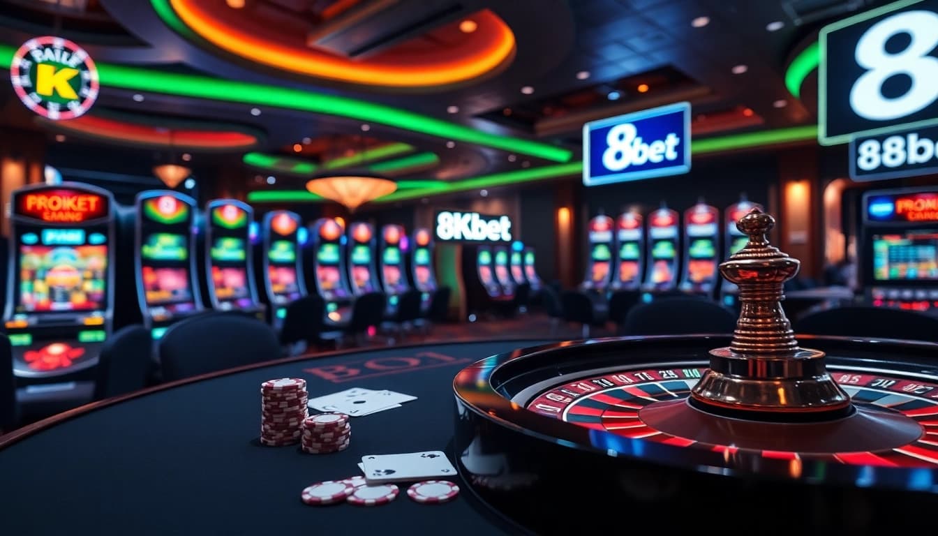 Exciting casino atmosphere showcasing 8kbet logo with poker and roulette games