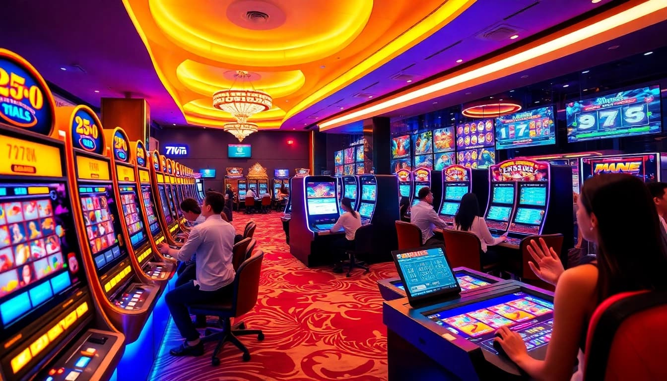 Engaging casino scene illustrating 77win's vibrant online gaming experience with players and bright slot machines.