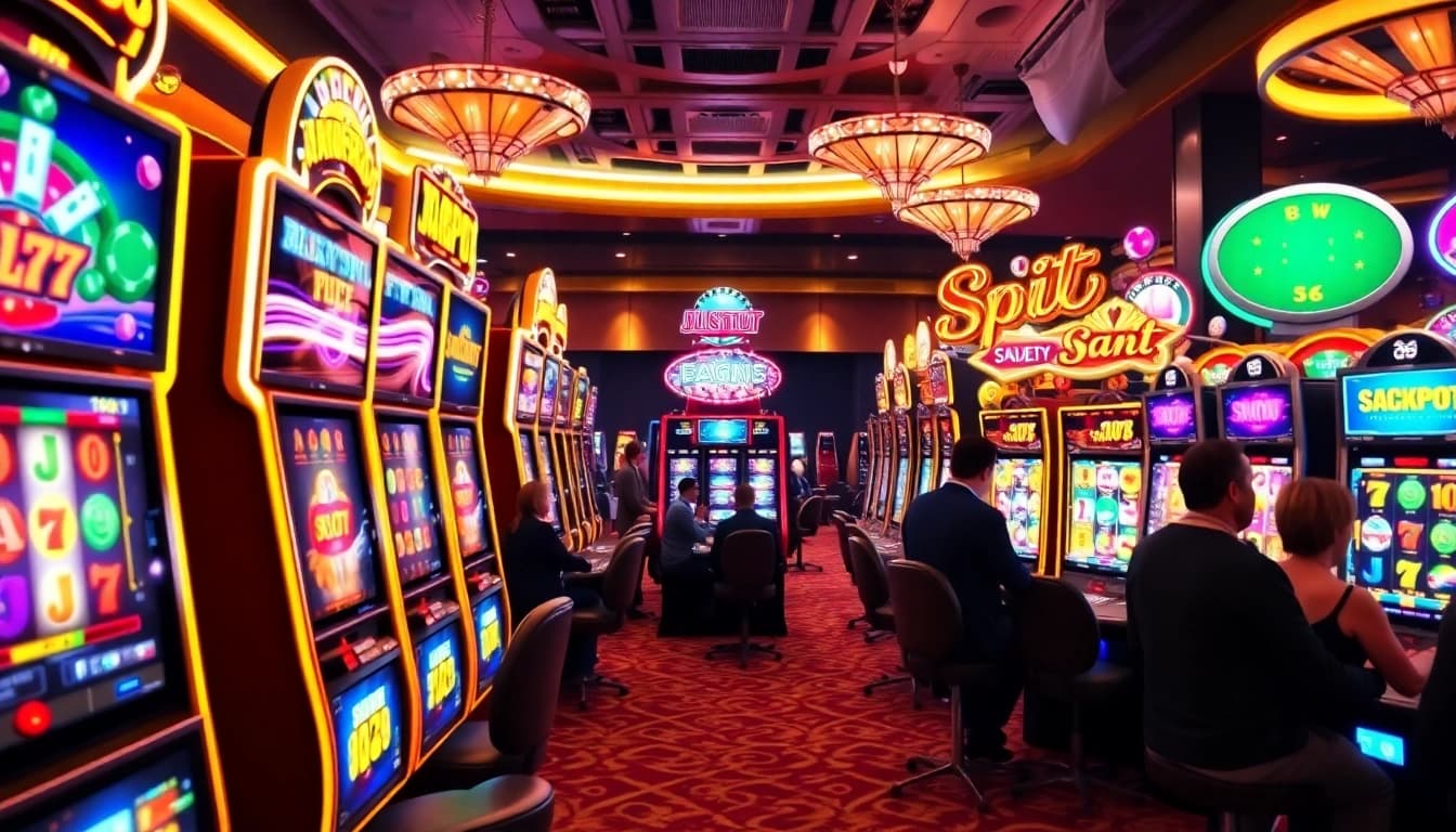 Players enjoying exciting gameplay at slot777 machines in a luxurious casino setting.
