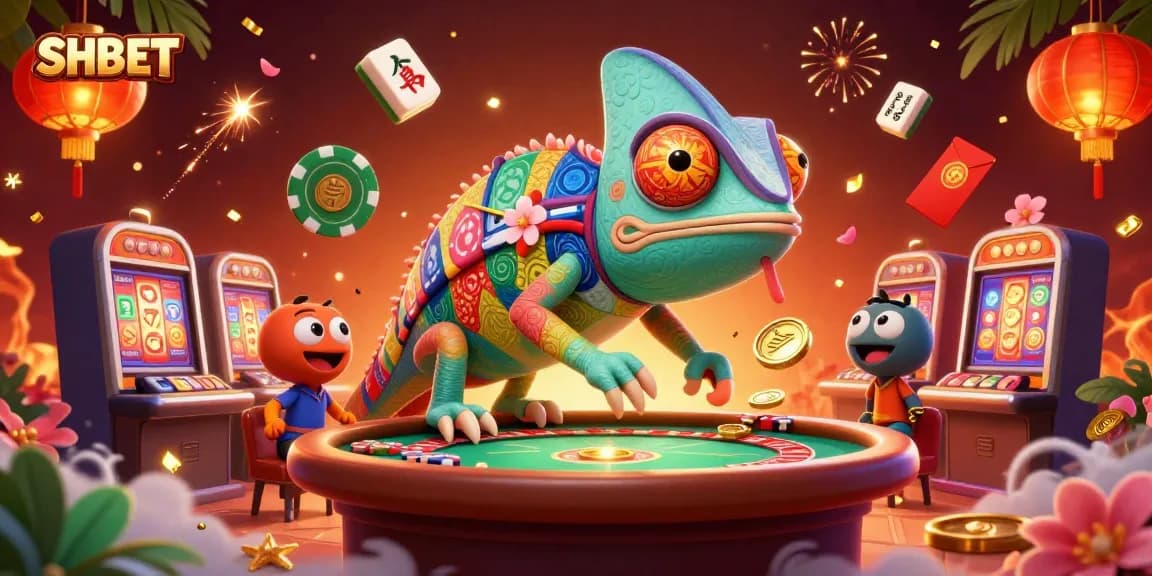 SHBET casino owner chameleon captures golden coins in a vibrant, festive atmosphere