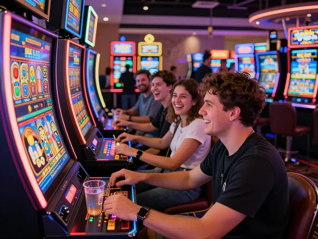 Momen mendebarkan seorang pemain berinteraksi dengan mesin link slot dalam suasana kasino yang meriah.