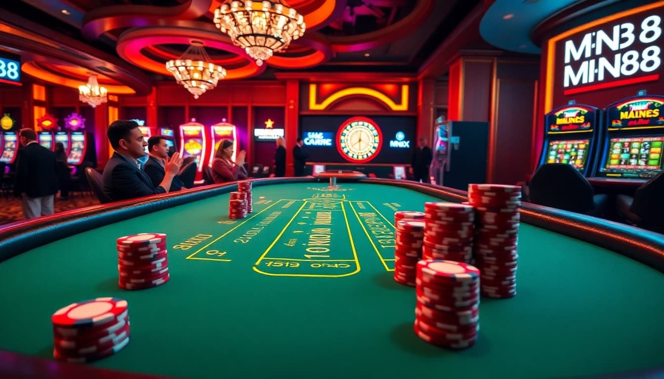 Players experiencing the thrill of winning at MN88 com casino, featuring rich poker chips and lively slot machines.