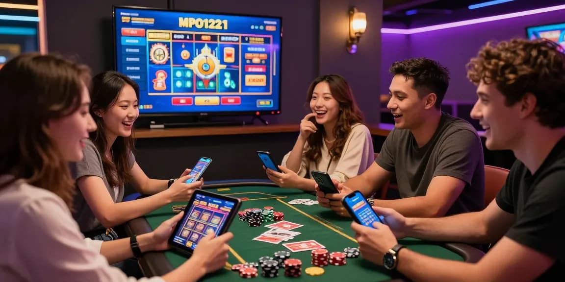 Scene lounge permainan MPO1221 yang menampilkan teman-teman mendiskusikan strategi dan berinteraksi dengan permainan slot online.
