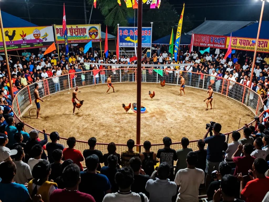 Watch đá gà trực tiếp bình luận viên in a lively cockfighting arena with crowds and roosters