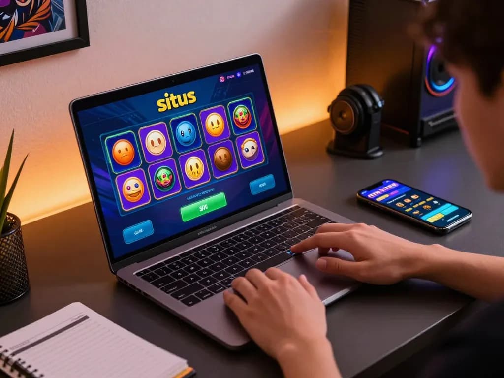 Situs slot gaming moment as player interacts with colorful online slots interface on a sleek laptop.