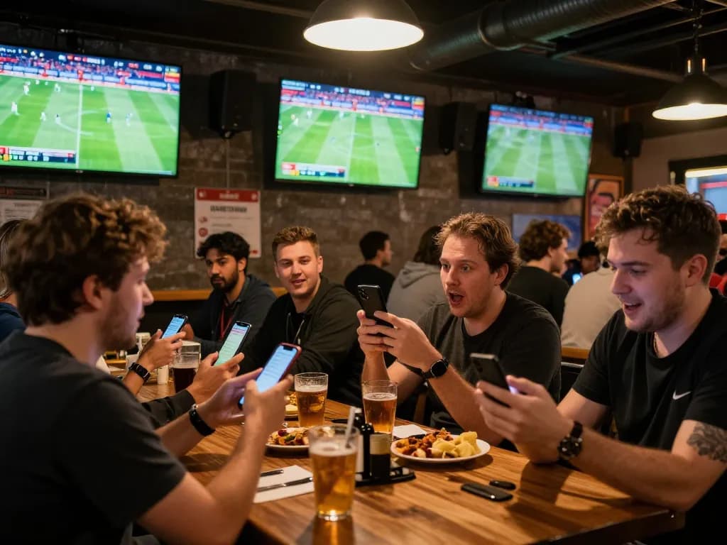 Enthusiastic patrons engaging in sports betting on nk88 during Bundesliga matches, phones in hand, joyful atmosphere.