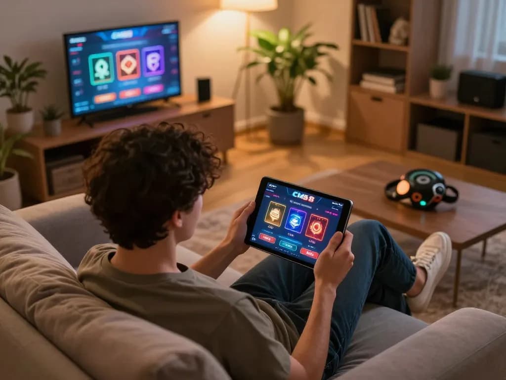 Player engaging with CM88 online casino app on tablet during a cozy home gaming session.