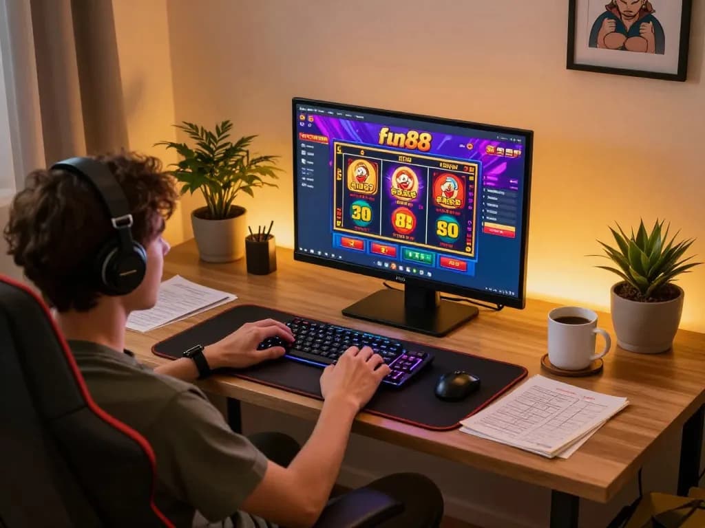 Playing fun88 online casino games on a sleek laptop, vibrant graphics enhancing the gaming experience.