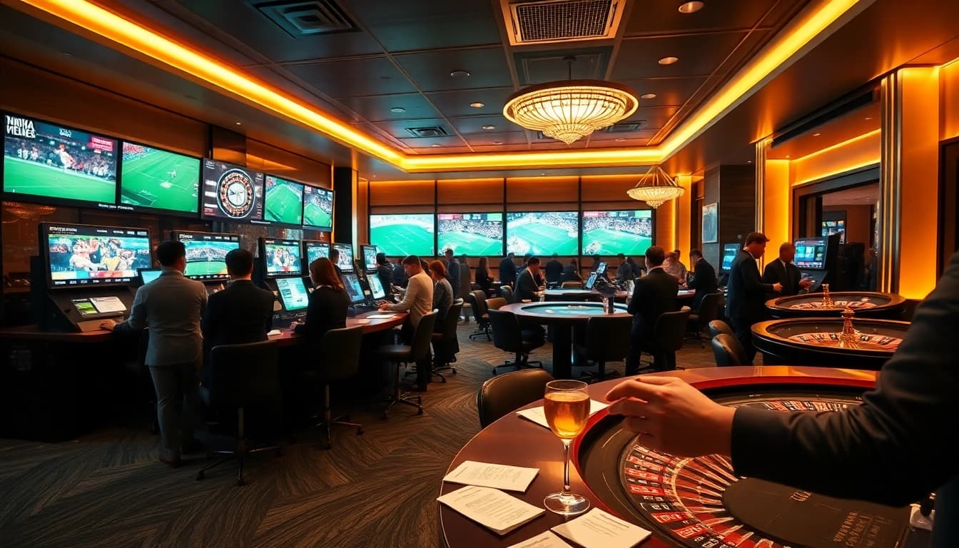 Dynamic sports betting lounge scene showcasing Taruhan Bola with excited bettors and betting slips.