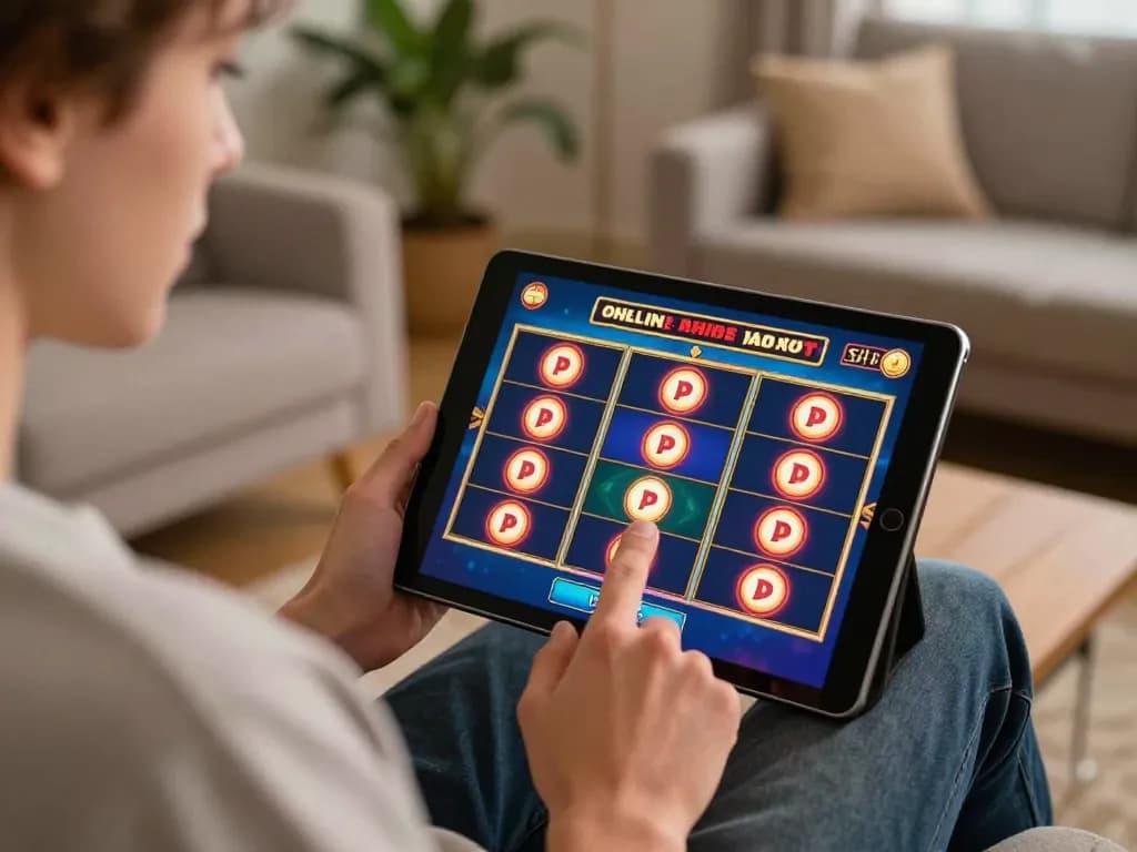 Player enjoying a thrilling online slot game experience on qh88eu in a cozy living room