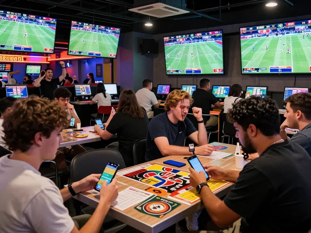 Excited fans engaging with kèo nhà cái bets in a lively sports betting lounge atmosphere.