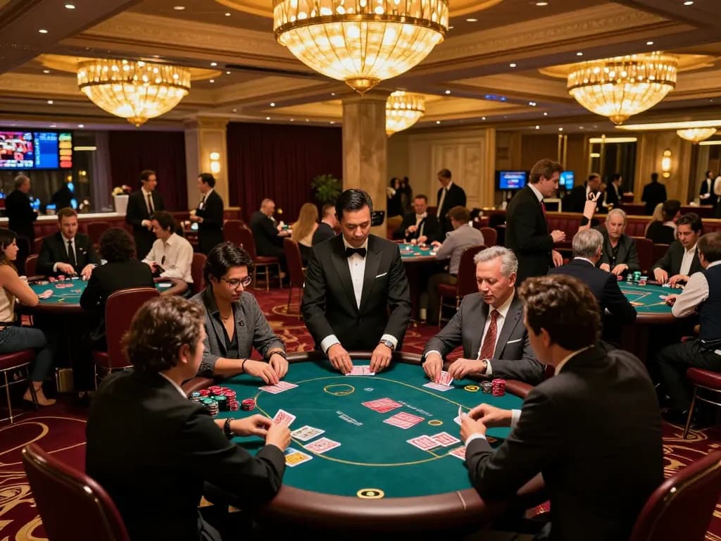 Engaged players at Sunwin poker tables celebrating victories in a vibrant casino atmosphere.