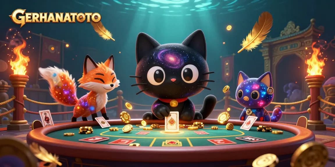 Gerhanatoto menampilkan kucing hitam gravitasi di meja kasino yang berputar dengan chip emas dan kartu.