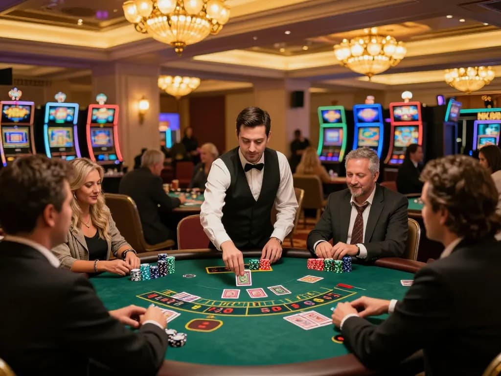 Players enjoying an engaging blackjack game at NK88 casino with vibrant decor and warm lighting.